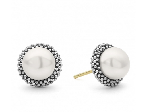 Lagos Luna Collection Stud Color Gemstone Earrings in Sterling Silver White with 2 Cultured Pearls 8mm