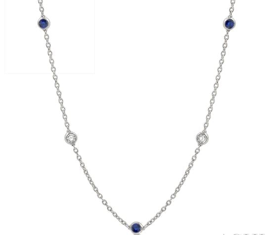 14K white necklace with sapphires, diamonds.