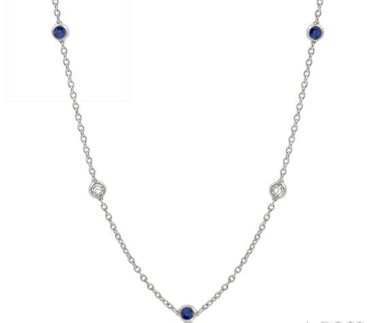 Station Color Gemstone Necklace in 14 Karat White with 5 Round Sapphires 2.85mm