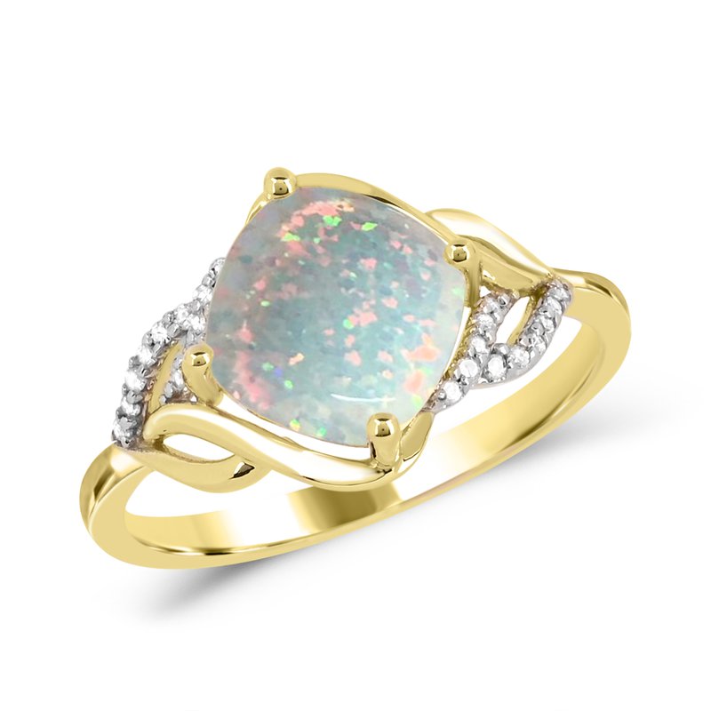 Cushion opal ring with diamond halo.