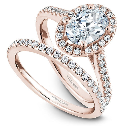 Rose gold diamond halo engagement ring.