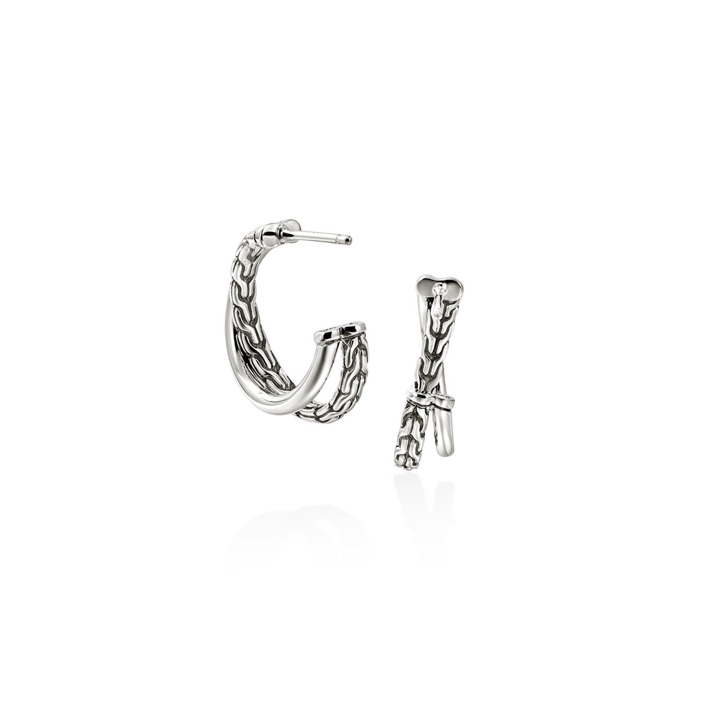 Sterling silver J hoop earrings, engraved design.