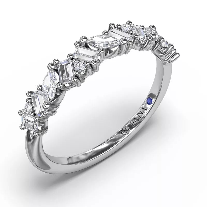 Emerald-cut diamond wedding band in white gold.