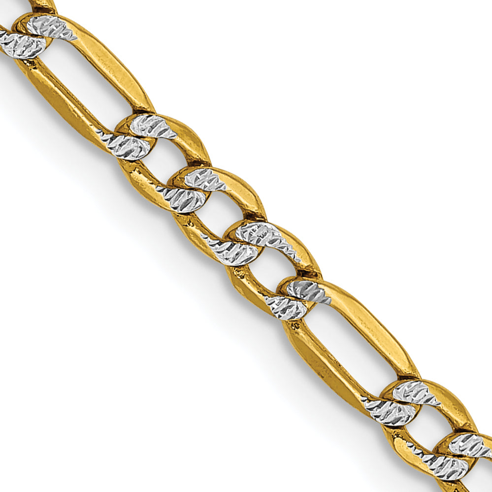 Dual-tone Figaro chain, 14K white-yellow gold.