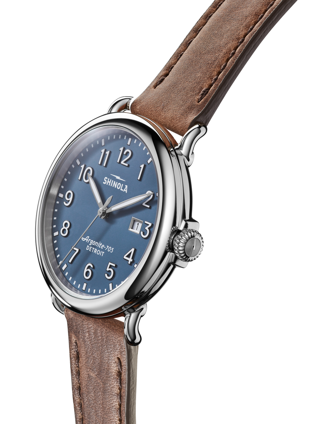 Blue dial watch with stainless steel case.