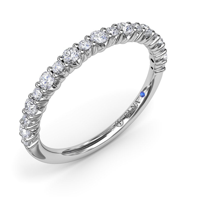 14K white gold band with round diamonds.