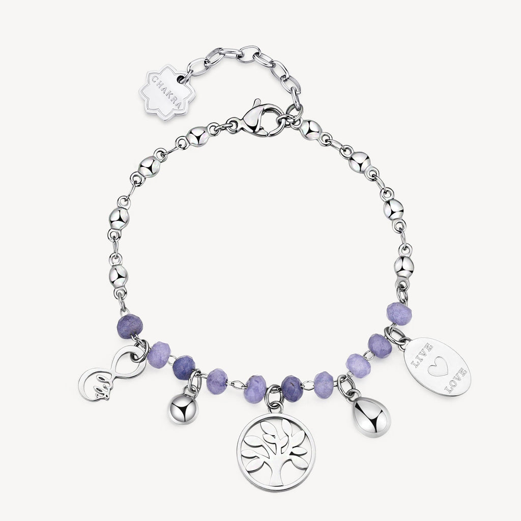 Stainless steel bracelet with purple charms.