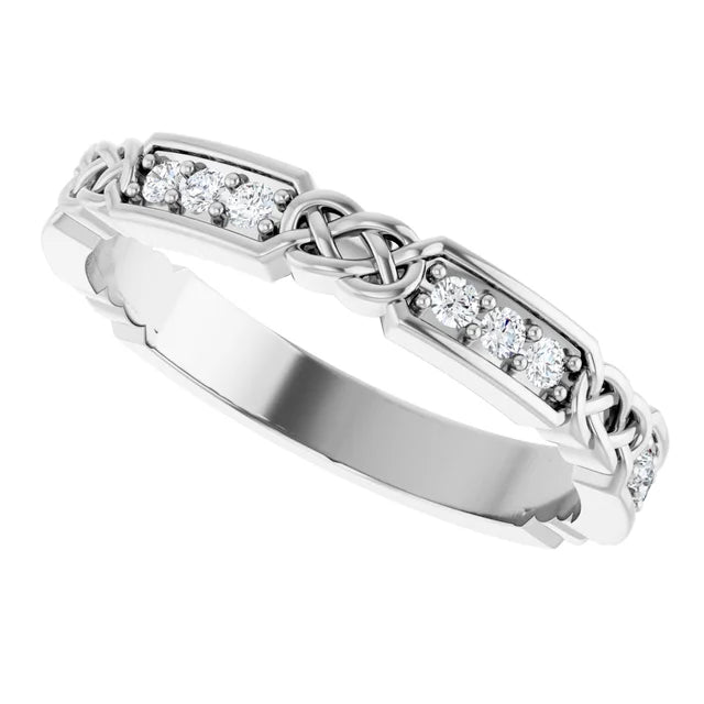 14K white gold band with round diamonds.