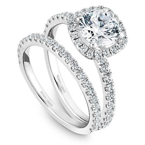 Halo diamond semi-mount ring, 14K white gold.