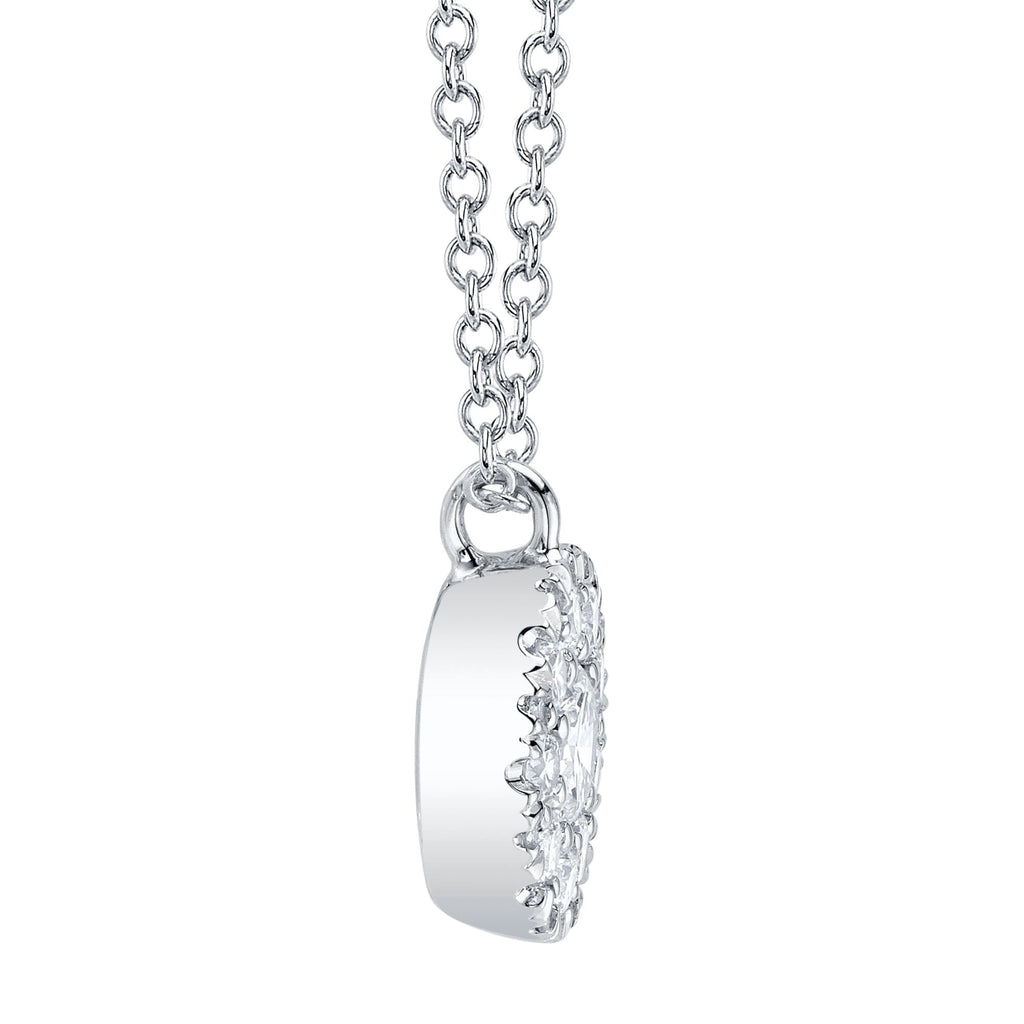 Side view of diamond pendant necklace.