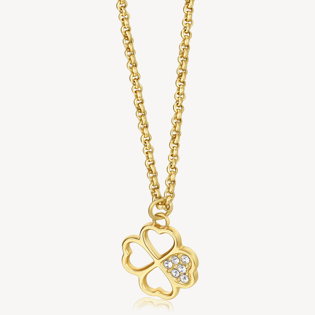 Clover pendant with simulated diamonds, yellow chain.