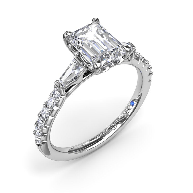Three-stone diamond ring, white gold, accent diamonds.