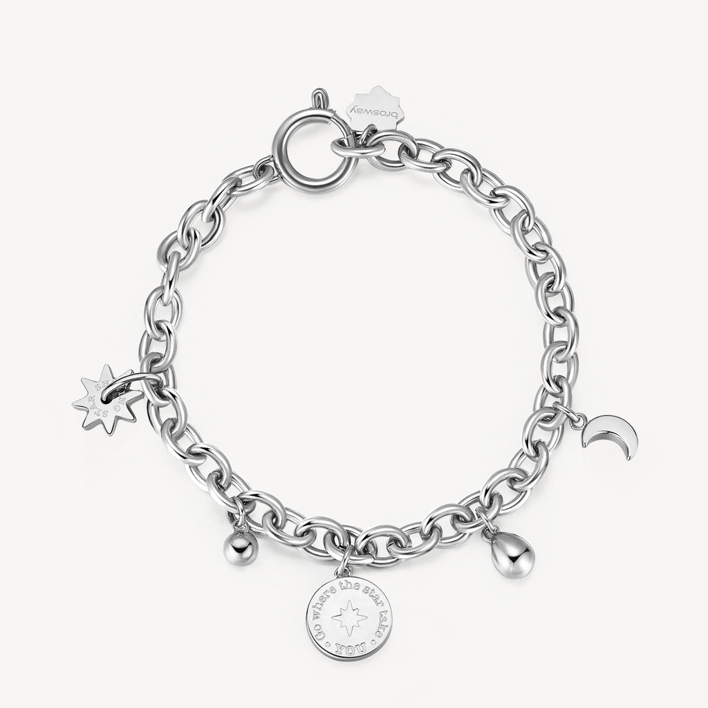 Stainless steel bracelet with star and moon charms.