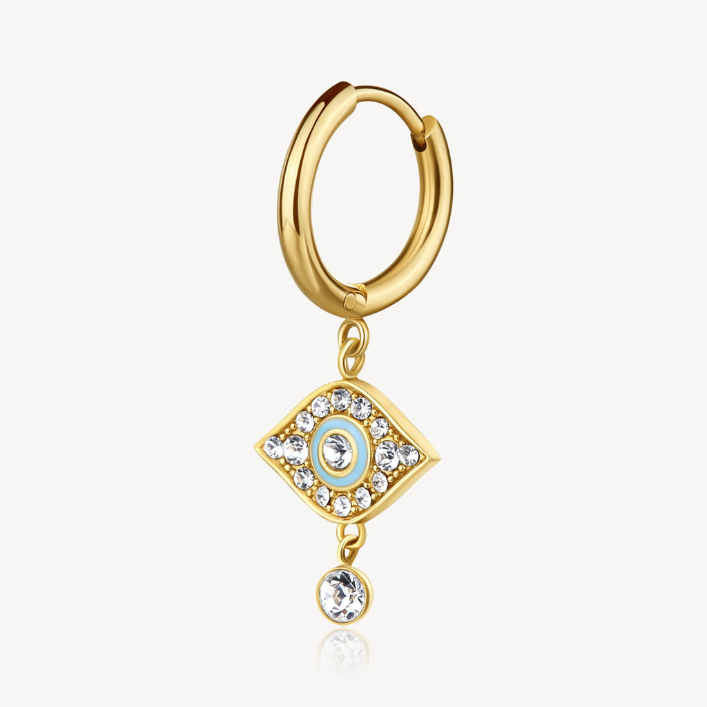 Gold-plated hoop earring with eye design.