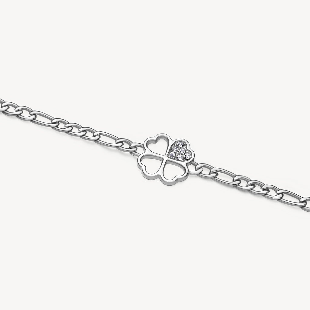 White stainless steel bracelet with crystal charm.