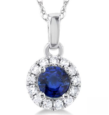 Sapphire pendant with diamond accents in white gold.