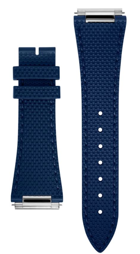 Dark blue textured watch strap, stainless steel clasp.