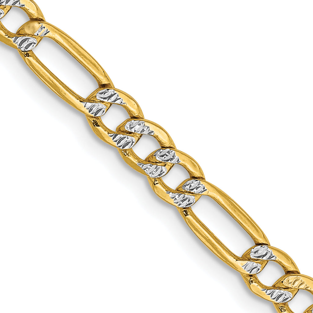 14K white-yellow gold Figaro chain detail.