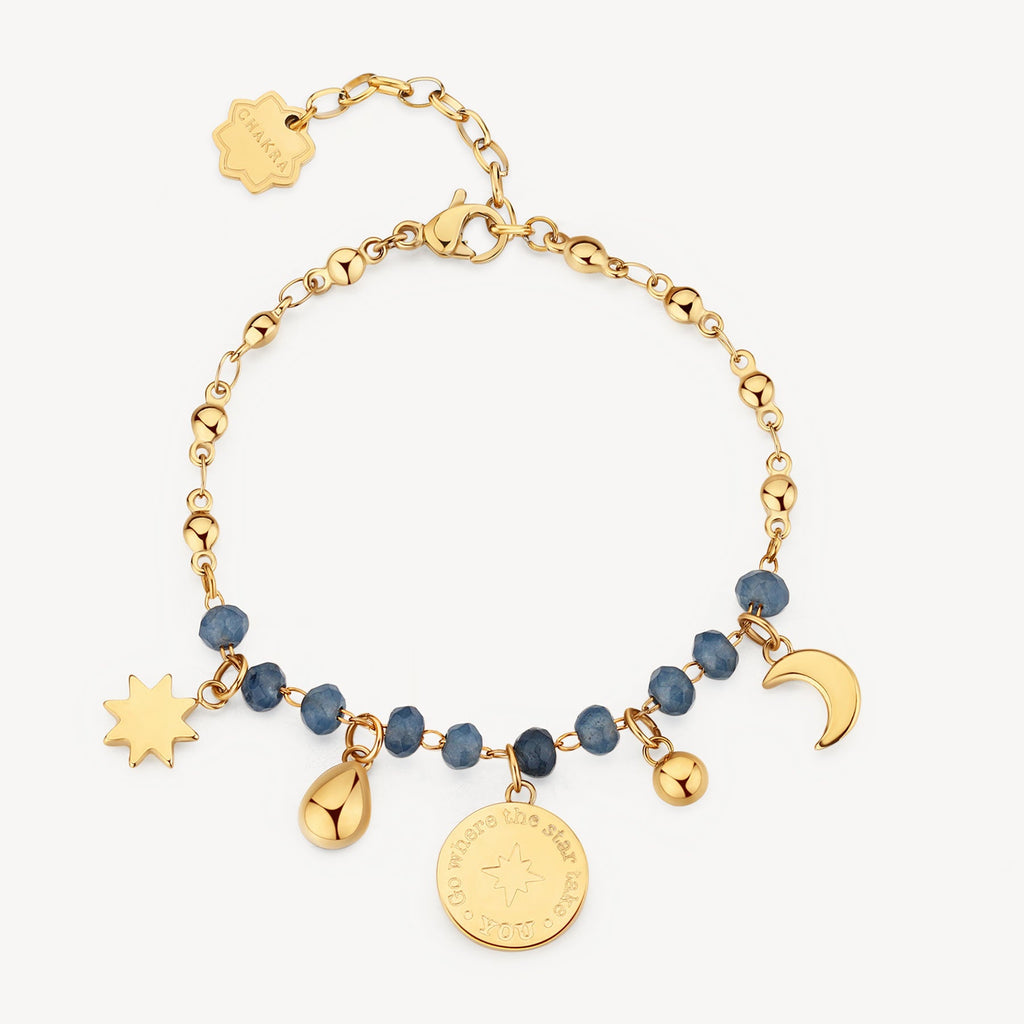 Yellow bracelet with blue gemstone charms.
