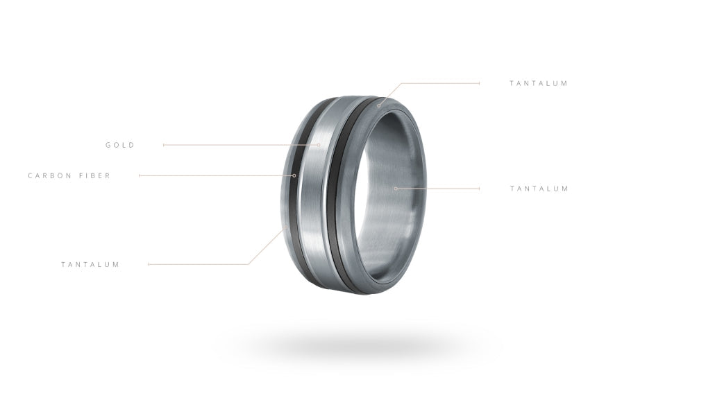 Tantalum band with gold and carbon fiber.