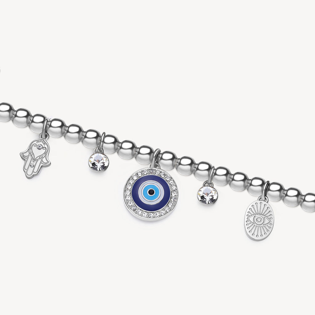 Stainless steel bracelet with charms and beads.