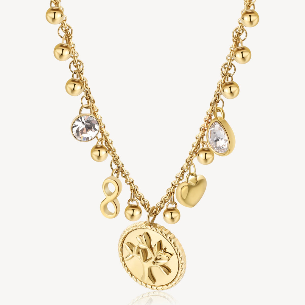 Yellow stainless steel necklace with charms.
