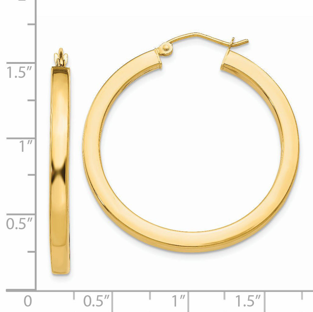 14K yellow gold medium hoop earrings.