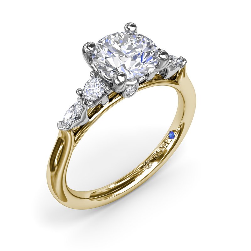 Dual-tone diamond engagement ring with side stones.