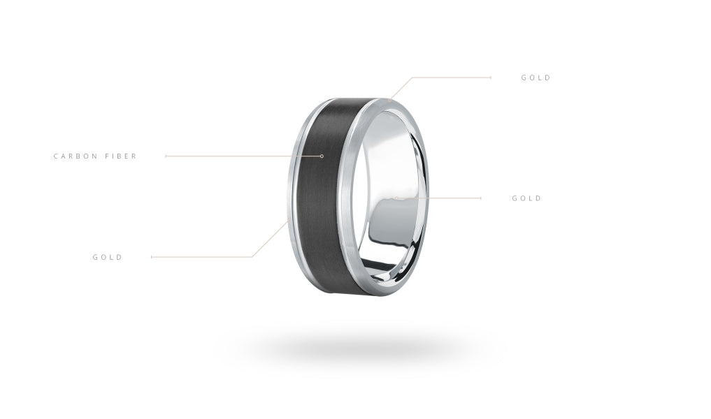 Men's carved band, carbon fiber, white gold.