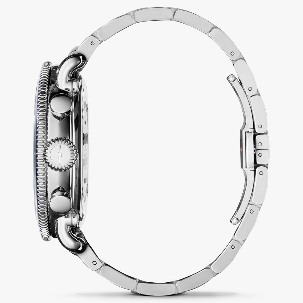 Stainless steel watch with side view.