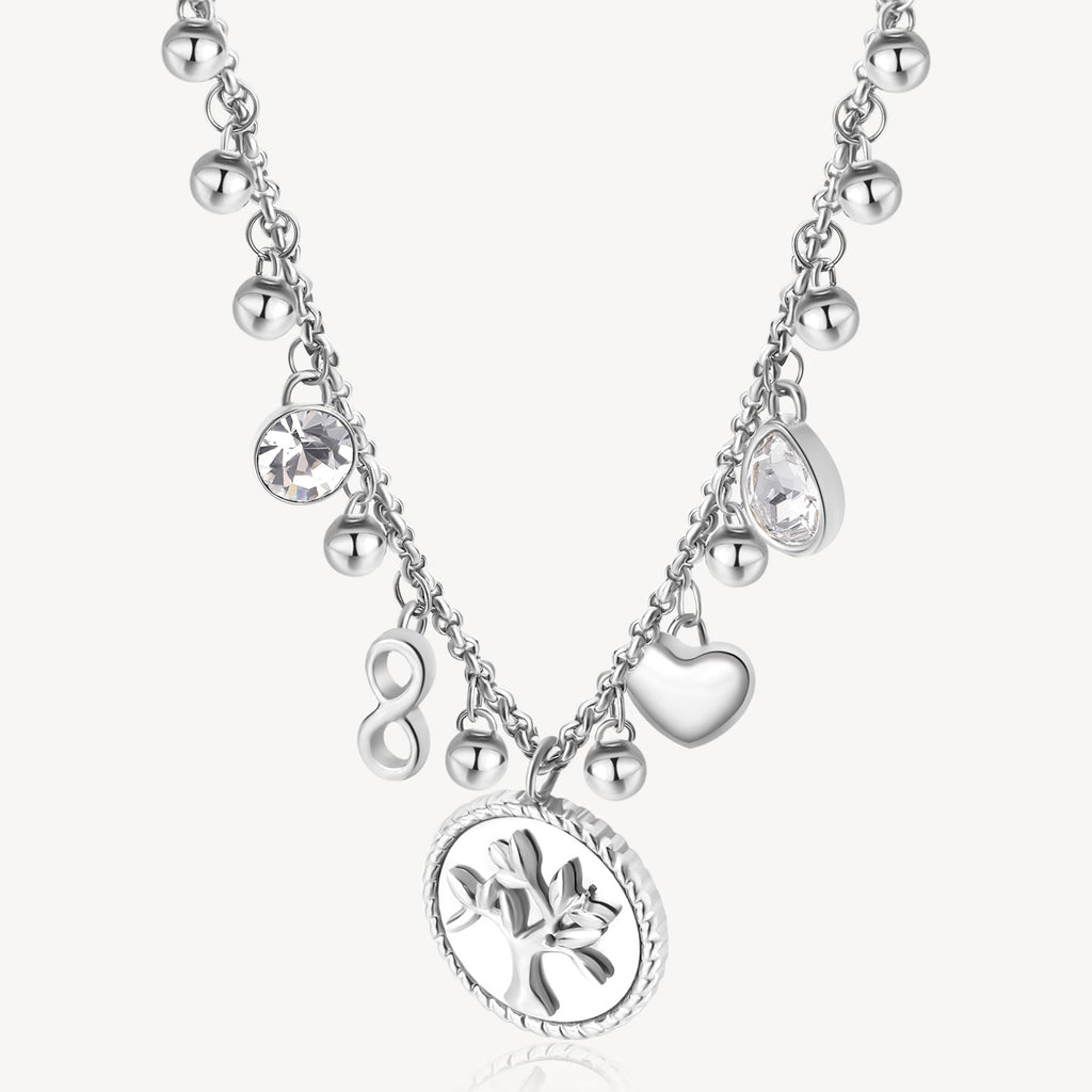 Simulated diamond necklace with charms.
