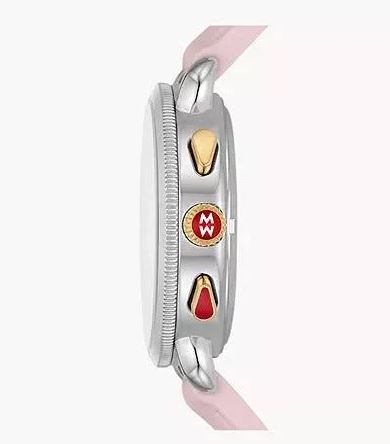 Stainless steel watch with pink silicone band.