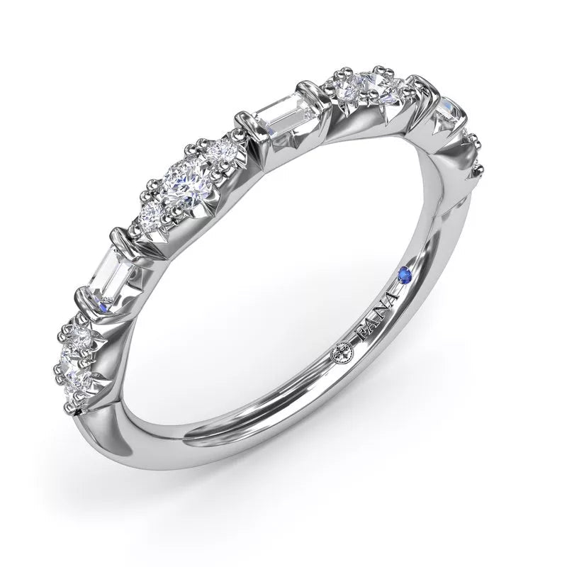 14K white gold band with diamonds, sapphire.