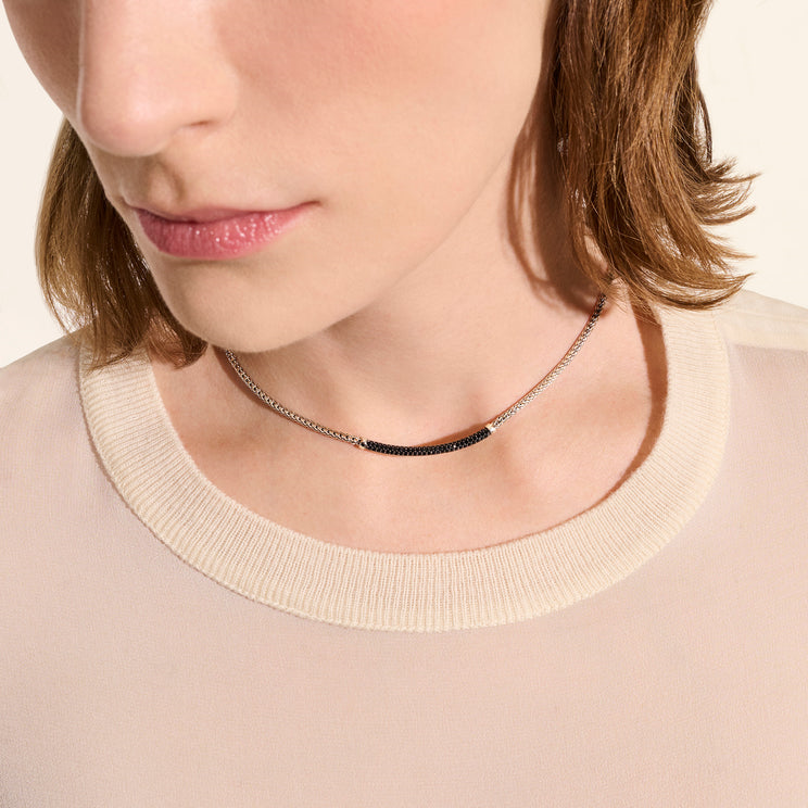 Sterling silver necklace with black sapphire bar.