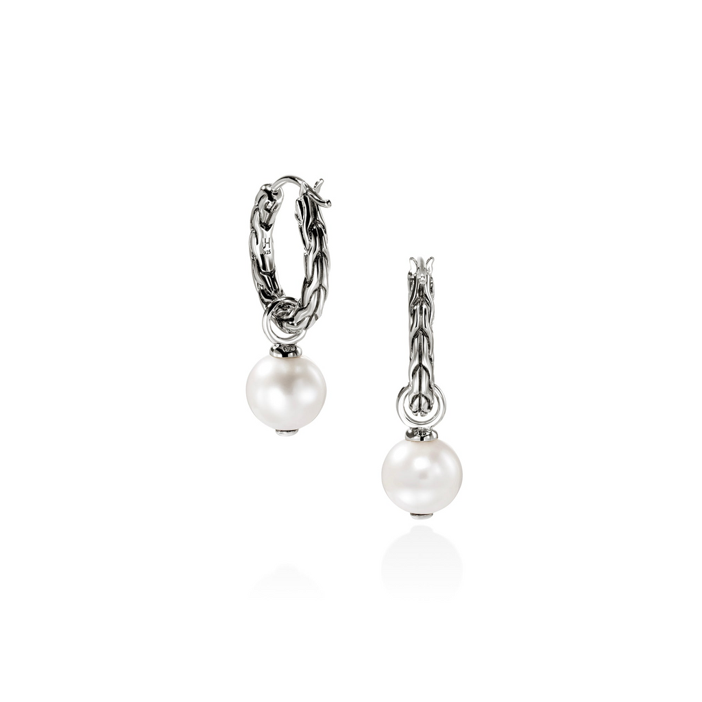 Sterling silver hoops with cultured pearls.