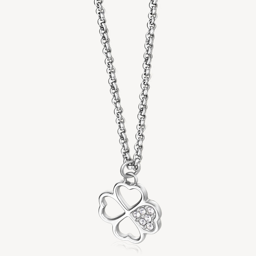 Clover pendant with simulated diamonds, stainless steel.