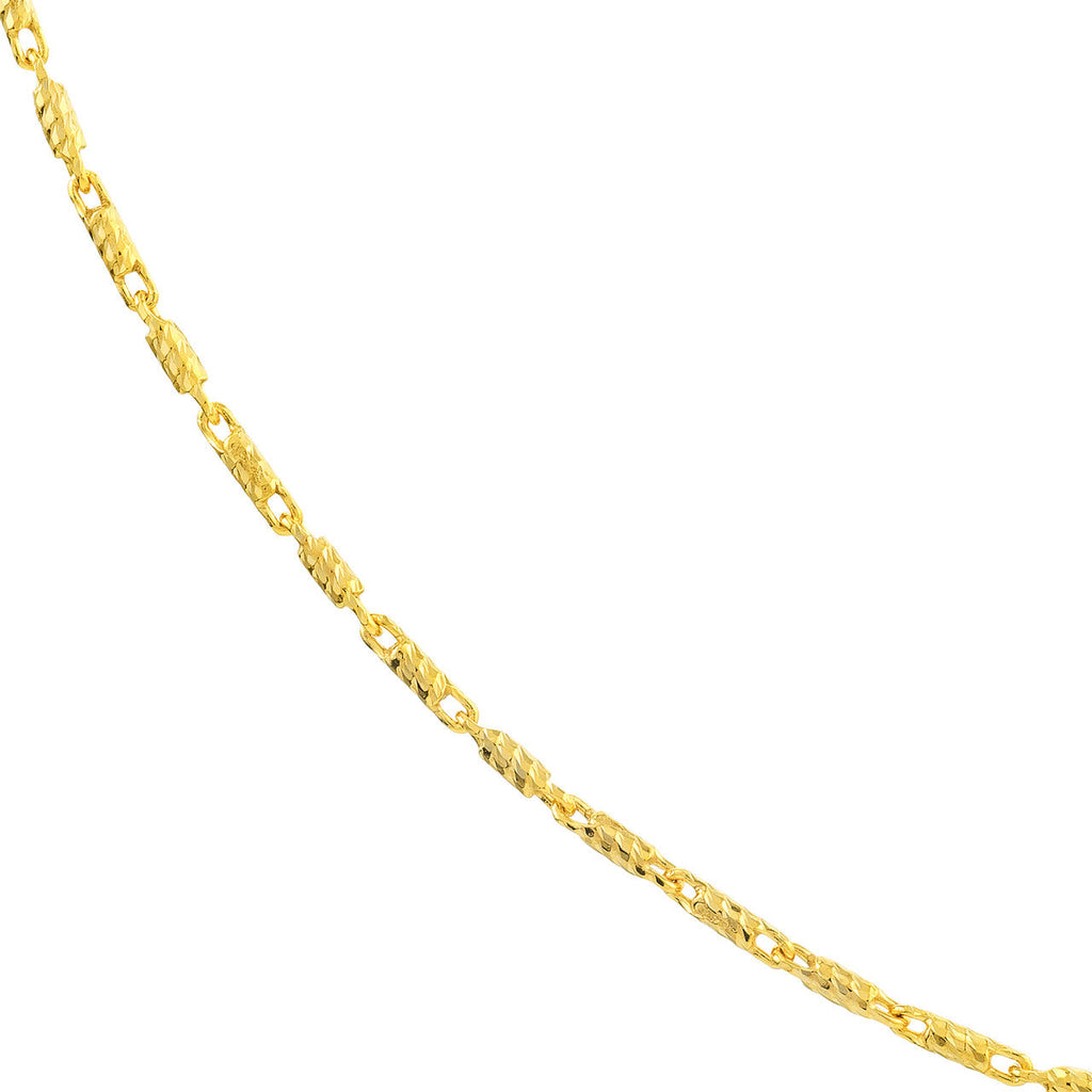 14K yellow gold chain, intricate polished links.