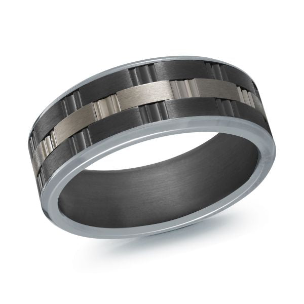 Tantalum titanium band, black grey carved design.