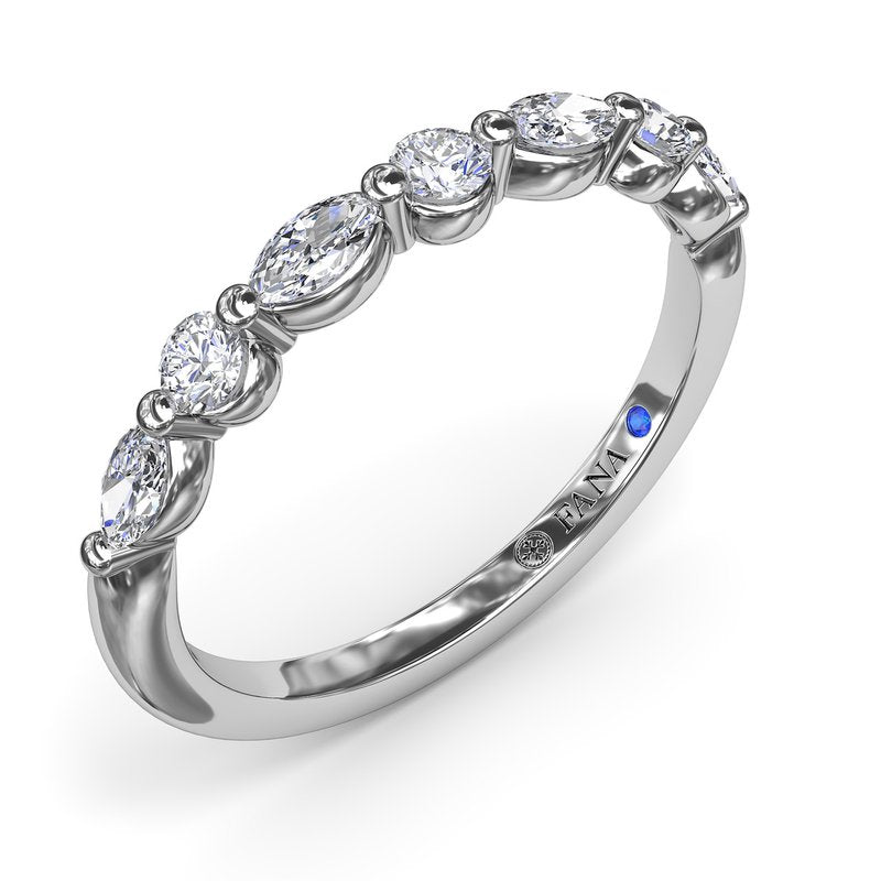 14K white gold band with round diamonds.