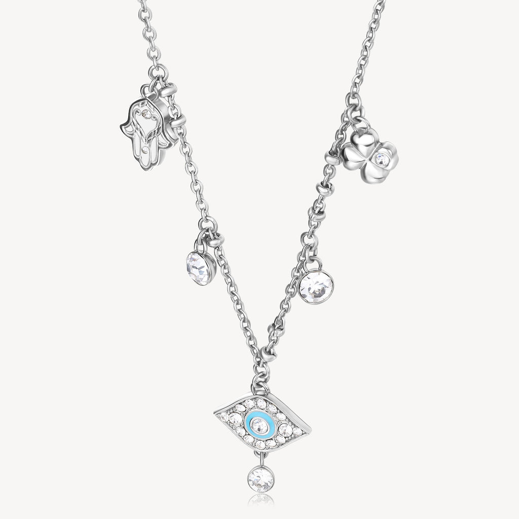 Stainless steel necklace with charms and stones.