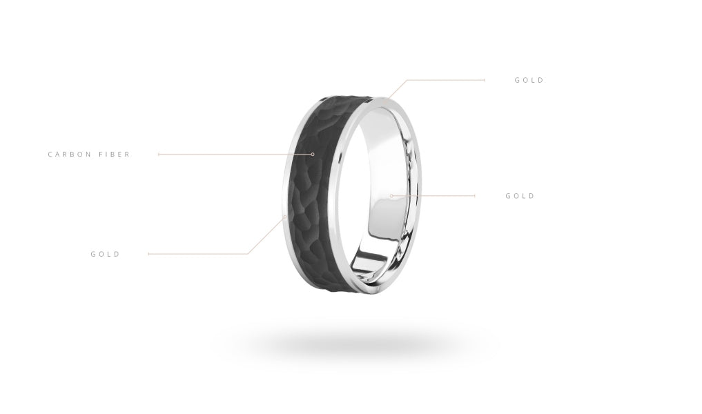 Carbon fiber and gold men's carved band.