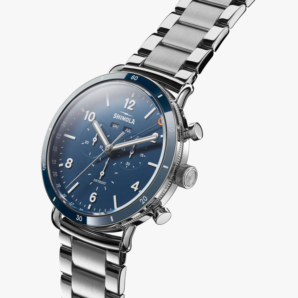 Light blue dial, stainless steel chronograph watch.
