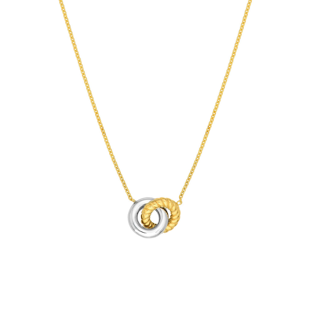 Dual-tone gold interlocking rings necklace.