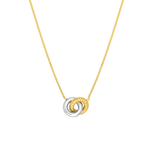 Dual-tone gold interlocking rings necklace.