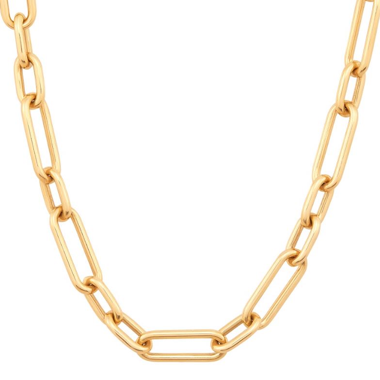 14K yellow gold paperclip necklace design.