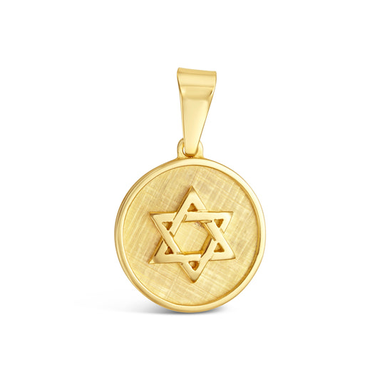 Star of David Pendant - Charm in 14 Karat Yellow Gold, Measuring 1 1/4" in Length, with High Polished and Florentine Finish.