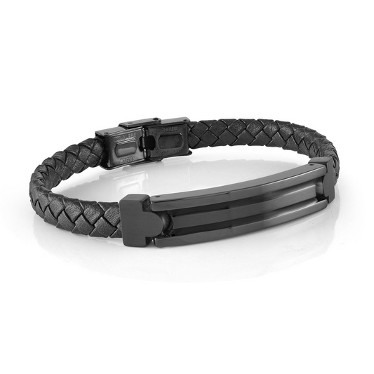Black braided leather and steel bracelet.