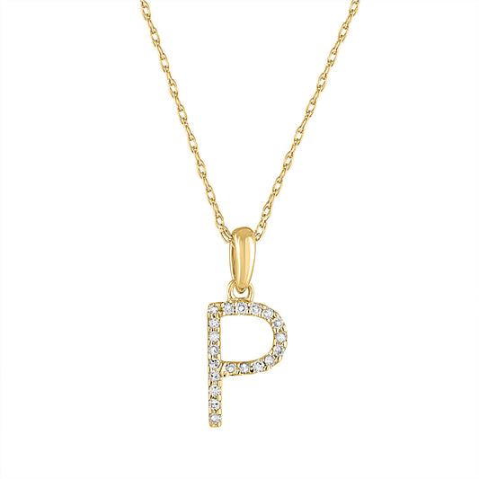 Diamond initial "P" necklace in gold.