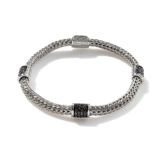 Fancy Link Color Gemstone Bracelet in Sterling Silver White with 8 Round Black Sapphires