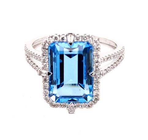 Color Gemstone Ring in 14 Karat White with 1 Emerald Blue Topaz 5.09ctw